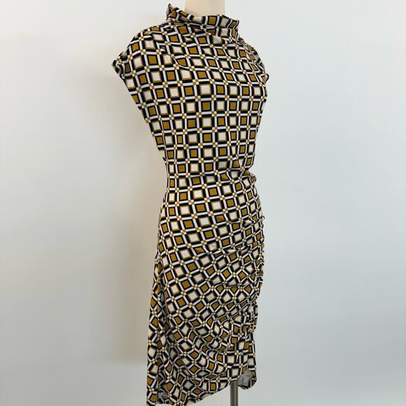 Anthropologie Maya Ruched Mini Dress Cowl-Neck Stretch Printed Gold White 1X NWT - Picture 3 of 12